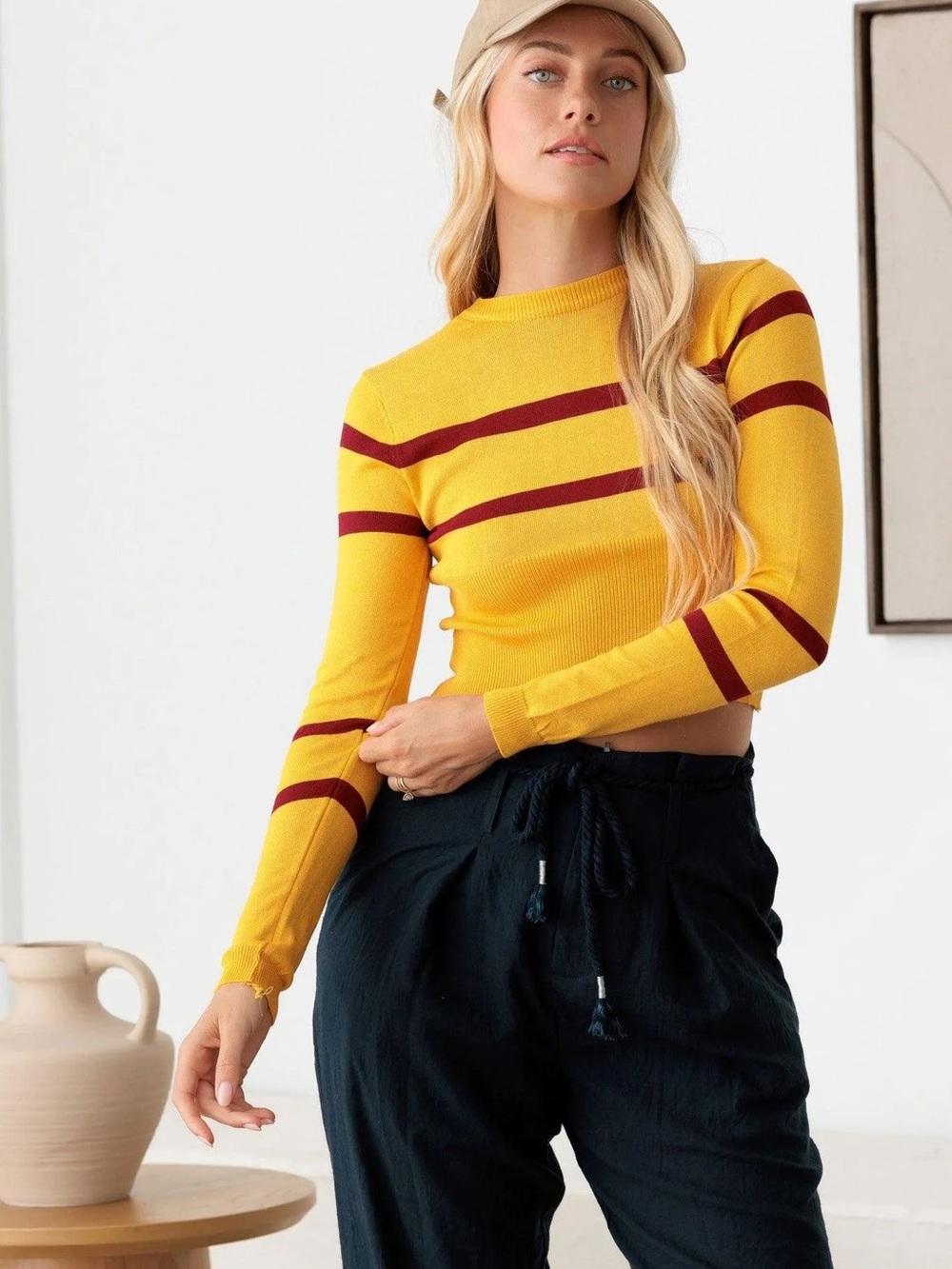 THINKABLE Stripe Long Sleeve Crop Knit Top, ONE SIZE NWT